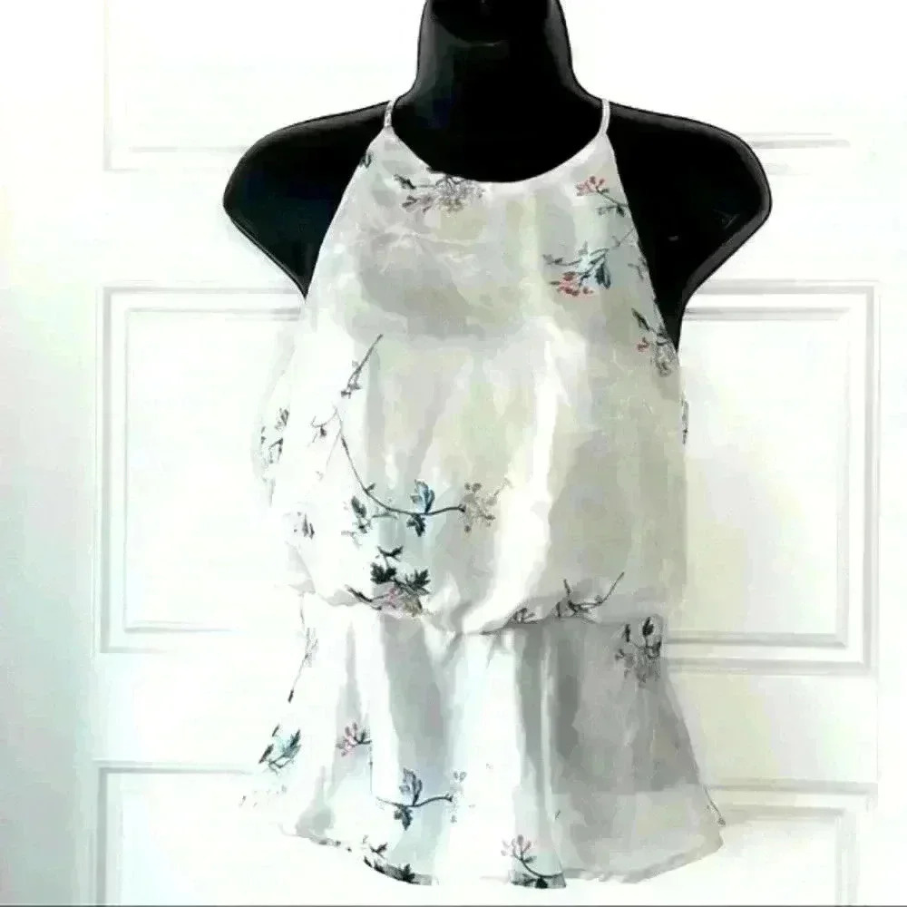LUSH WHITE FLORAL SATIN SLEEVELESS TOP SIZE SMALL